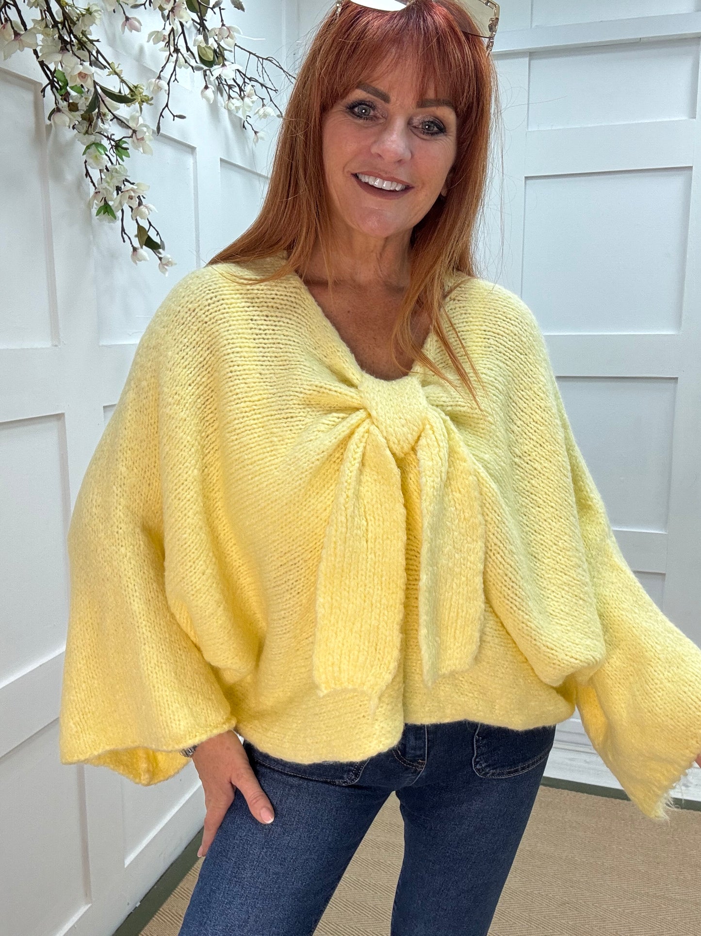 Bloom: Lemon bow knitted jumper. One size: 12-18
