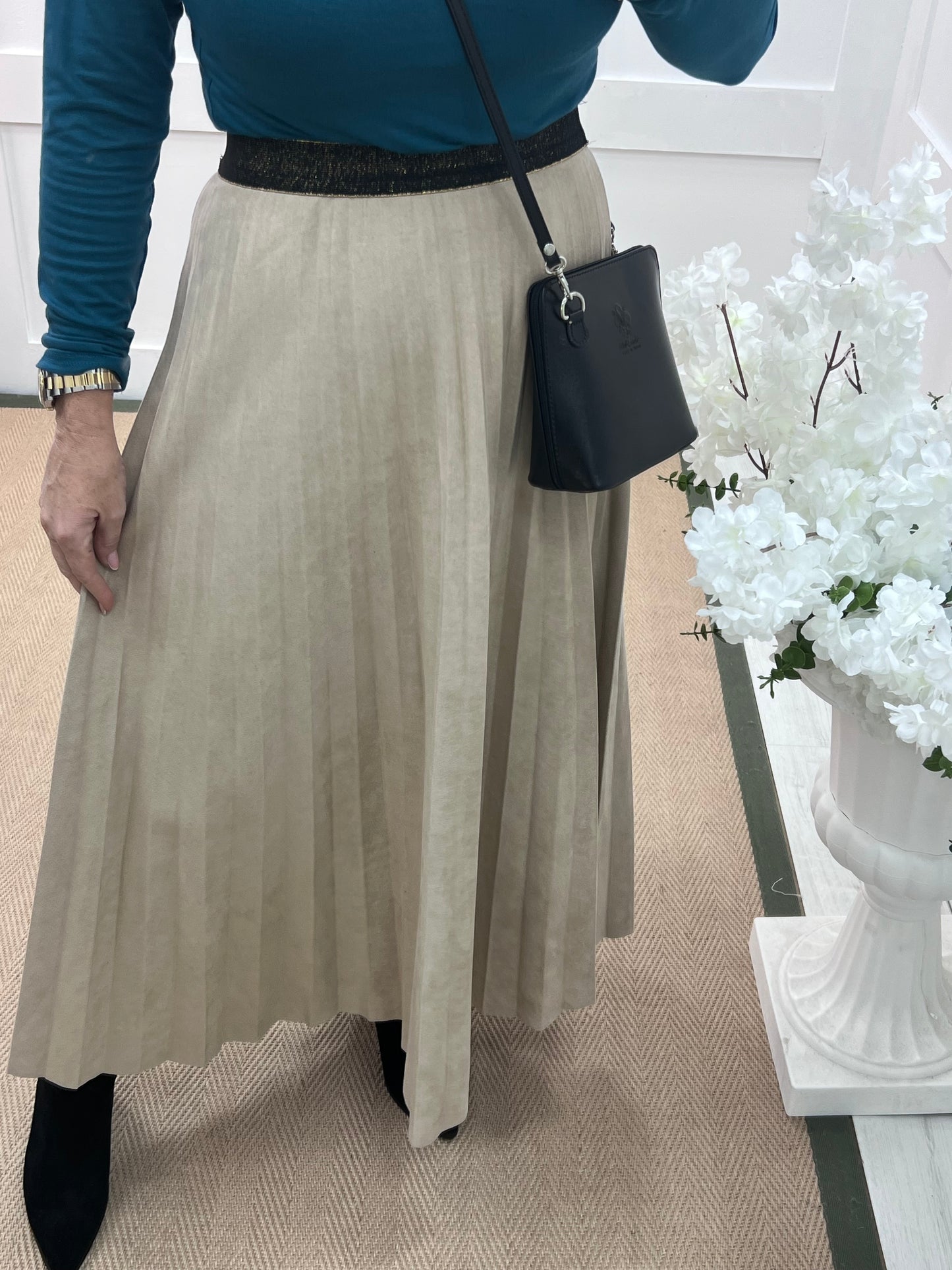 Mara: Cream suedette pleated maxi skirt. One size: 12-16