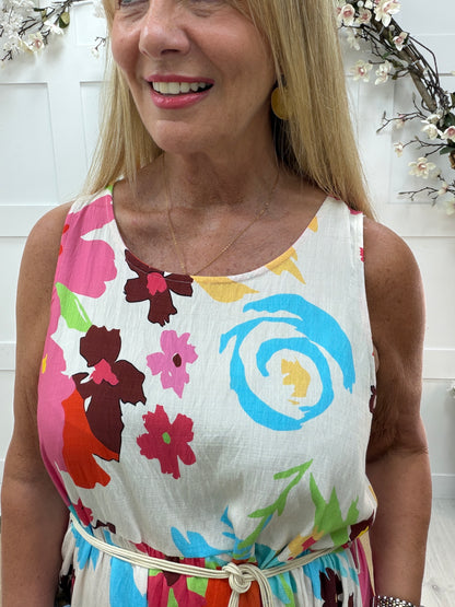 Cindy: Floral printed maxi dress with beaded belt. One size 16-20. 2 colours