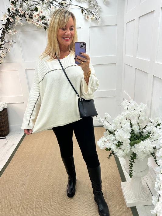 Indra: Cream oversized diamanté stripe top. One size: Free size