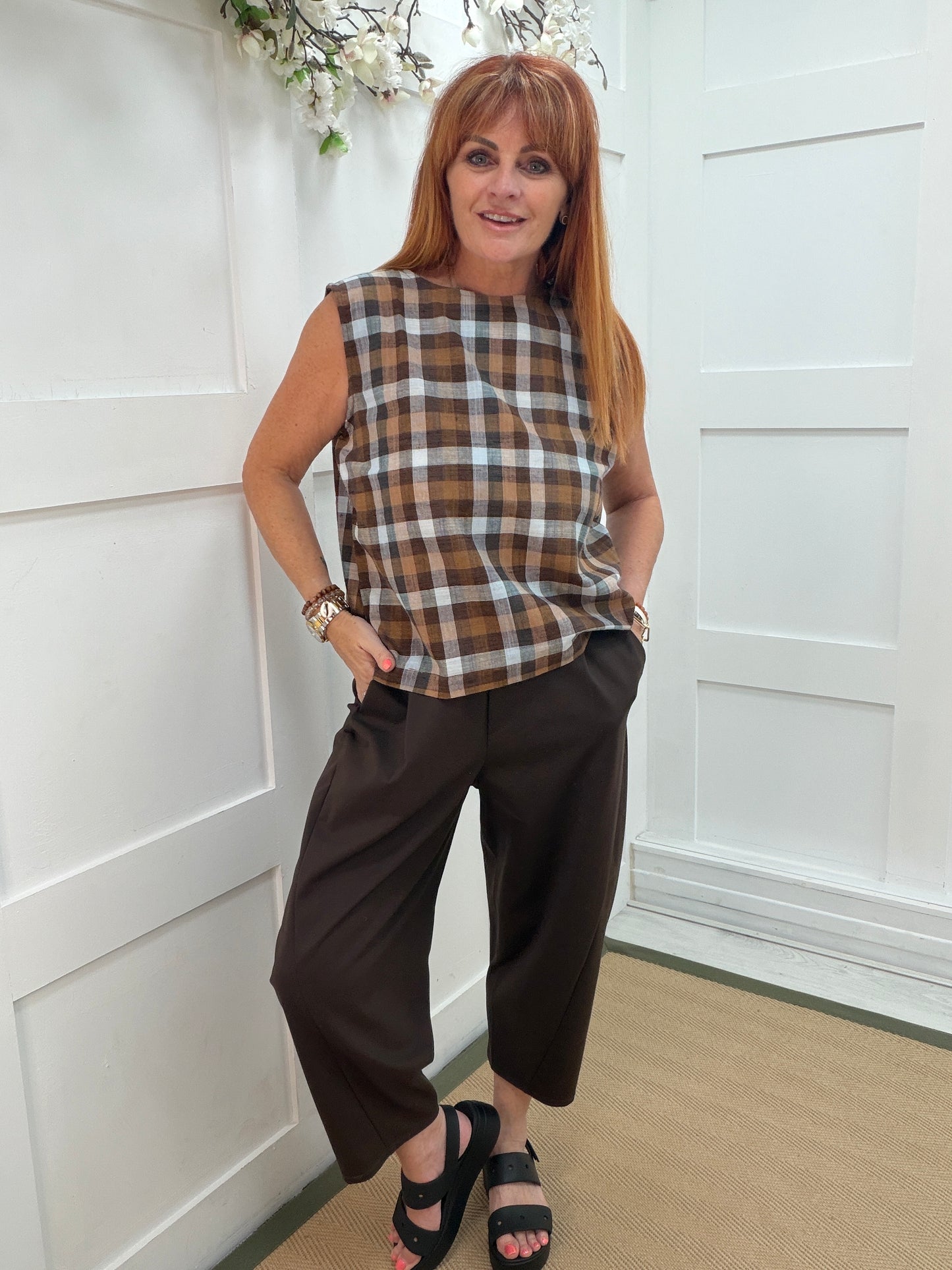 Bronte: Check cotton & linen mix top. One size: 12-16. 2 colours
