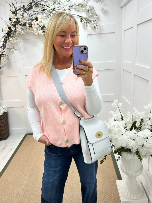 Nula: Pink plain mohair button waistcoat. One size: 14-20