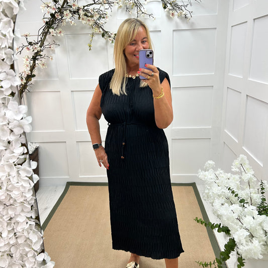 Serena: Black waffle belted midi dress. One size 14-20