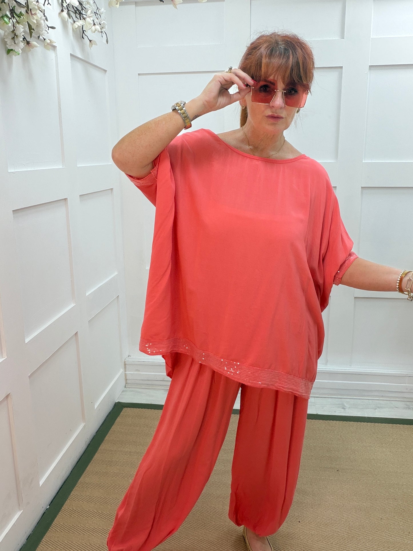 Chloe: Silky sequin top & harem trouser set. One size: 14-20. 3 colours