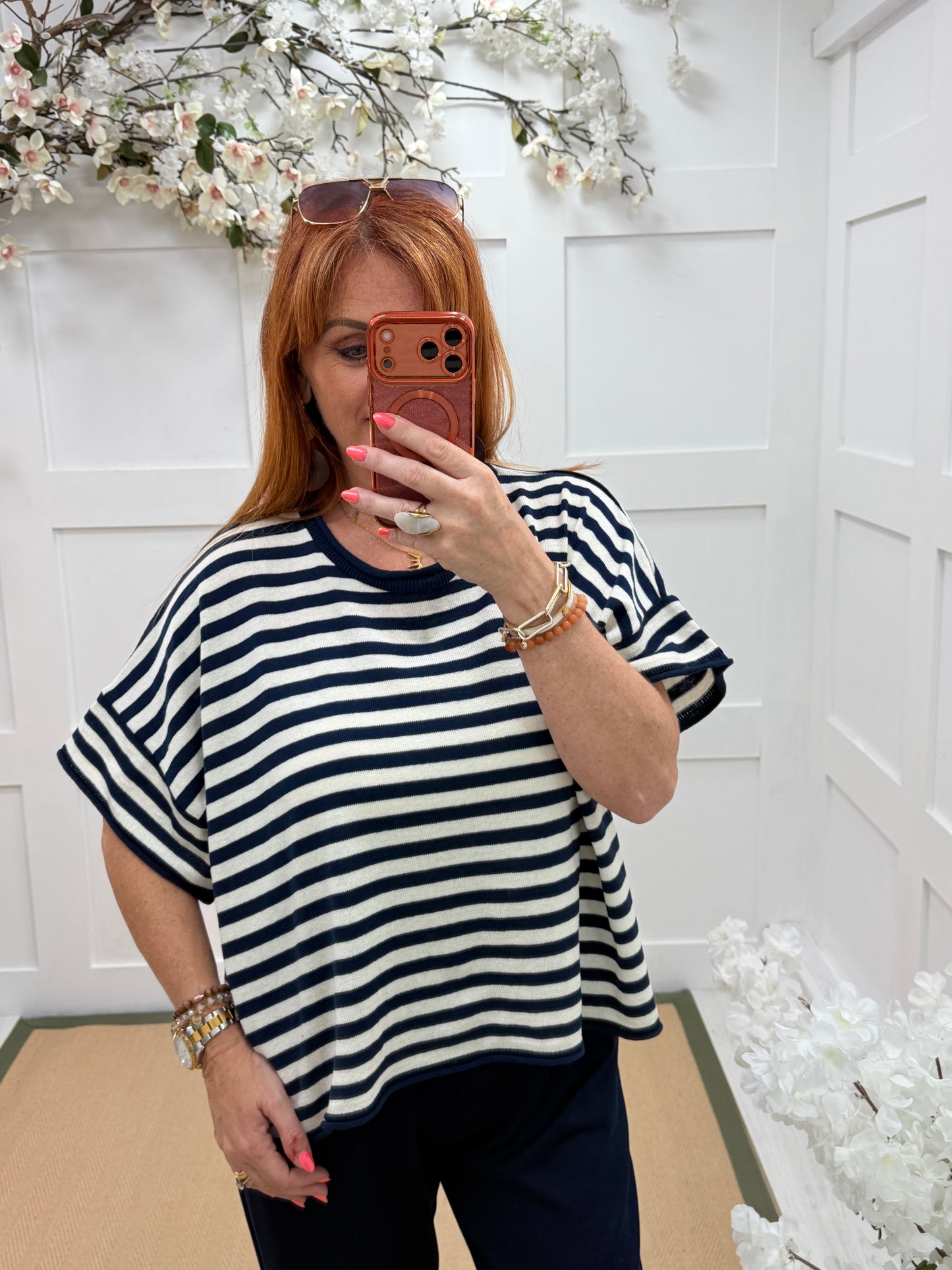 Suki: Short sleeve stripe knit top. One size: 12-18. 2 colours