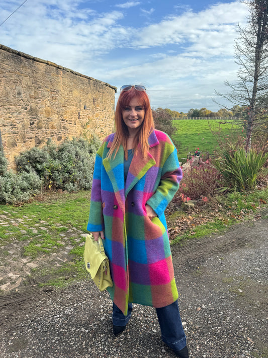 Loxley: Blue & purple check wool coat. One size 12-20