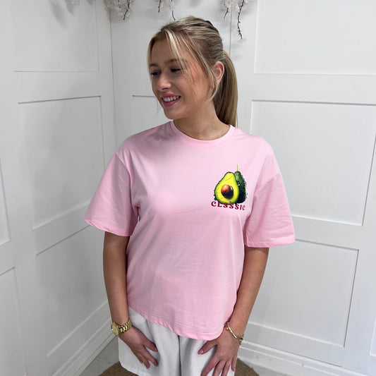 April: Pink rhinestone avocado T shirt. 2 sizes