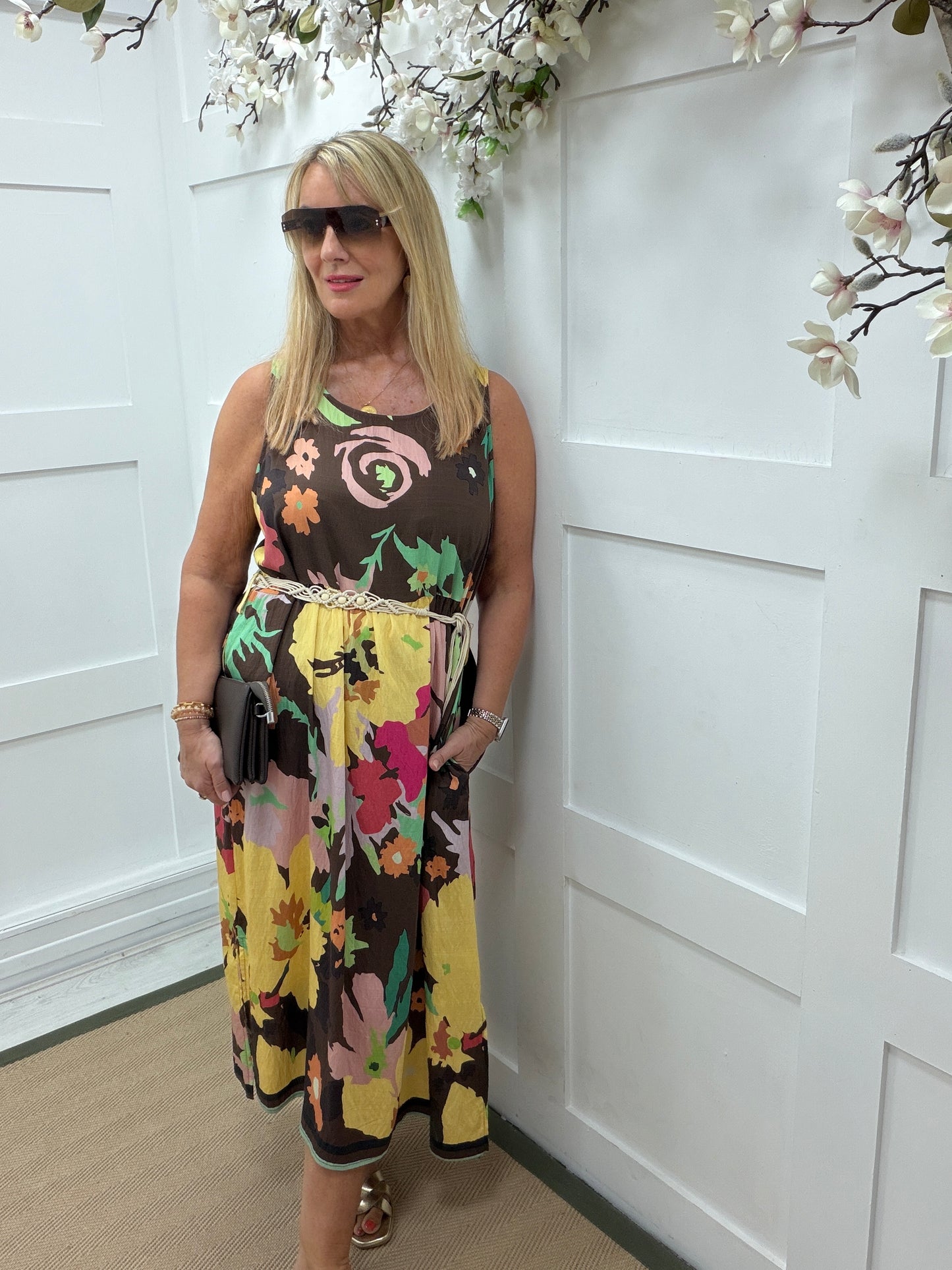 Cindy: Floral printed maxi dress with beaded belt. One size 16-20. 2 colours