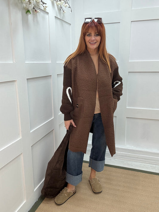 Kara: Brown boucle long edge to edge coat. One size 10 - 18