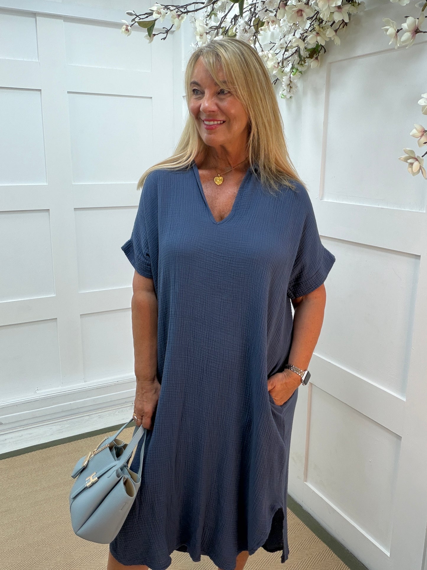 Shannon: Cheesecloth V neck midi dress with pockets. One size: 14-18. 3 colours