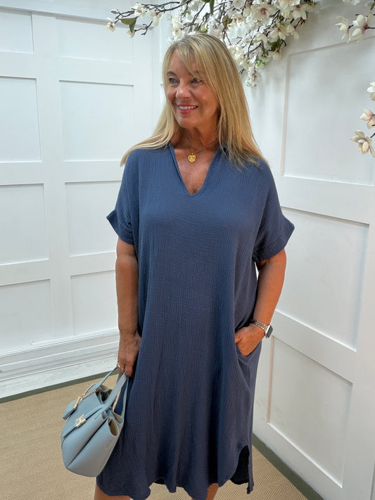 Shannon: Cheesecloth V neck midi dress with pockets. One size: 14-18. 3 colours