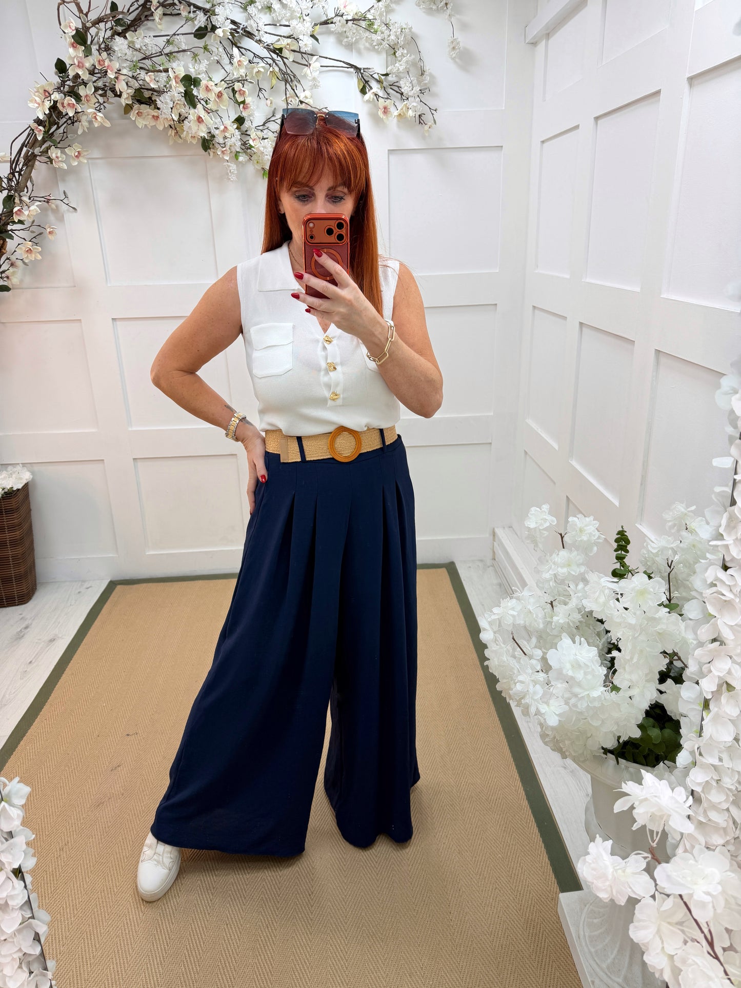 Gia: Navy wide leg belted trousers. One size: 10-16