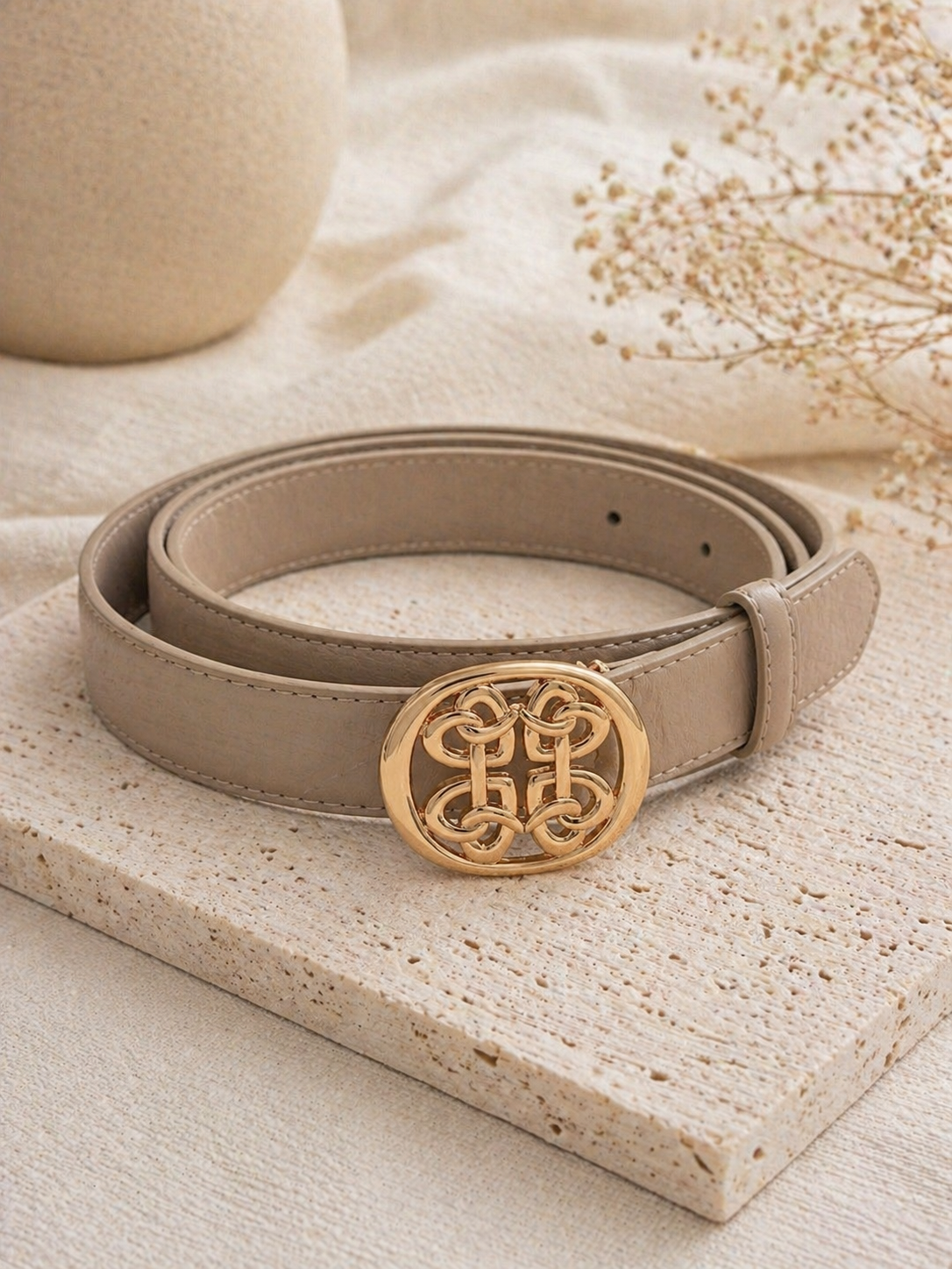 Loren: Taupe gold round buckle belt. One size