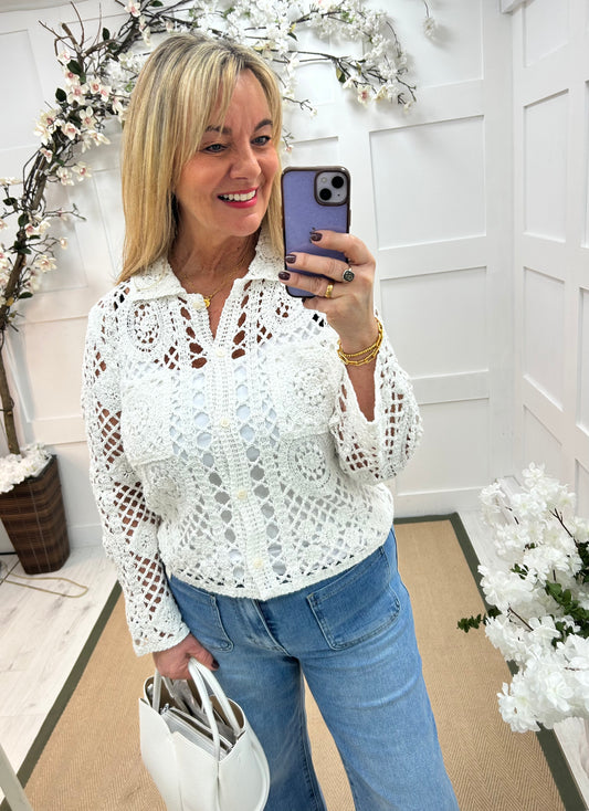 Lainey: White crochet shirt top. One size: 12-16