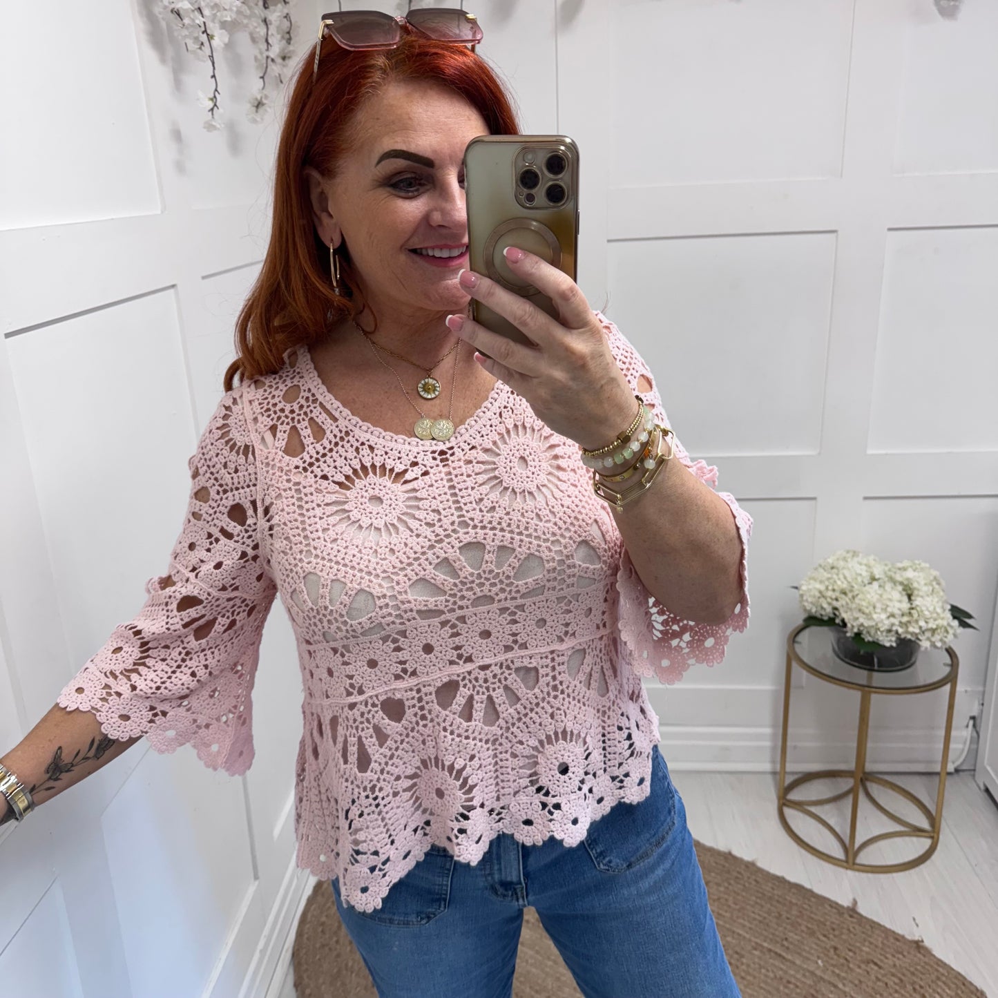 Ellie: Pink fluted arm crochet top & vest. One size: 10-16