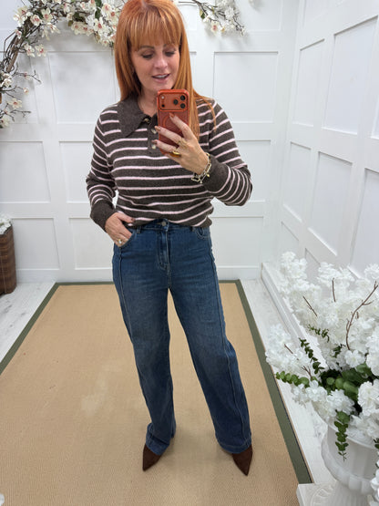 Raye: Mid blue wide leg jeans with raised seam. Sizes: 8-16