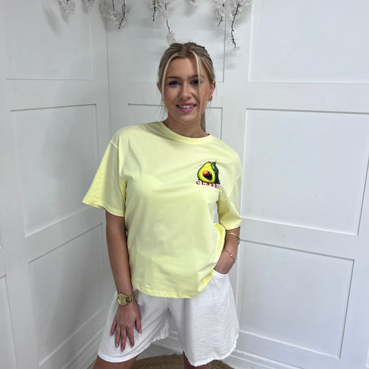 April: Lemon rhinestone avocado T shirt. 2 sizes
