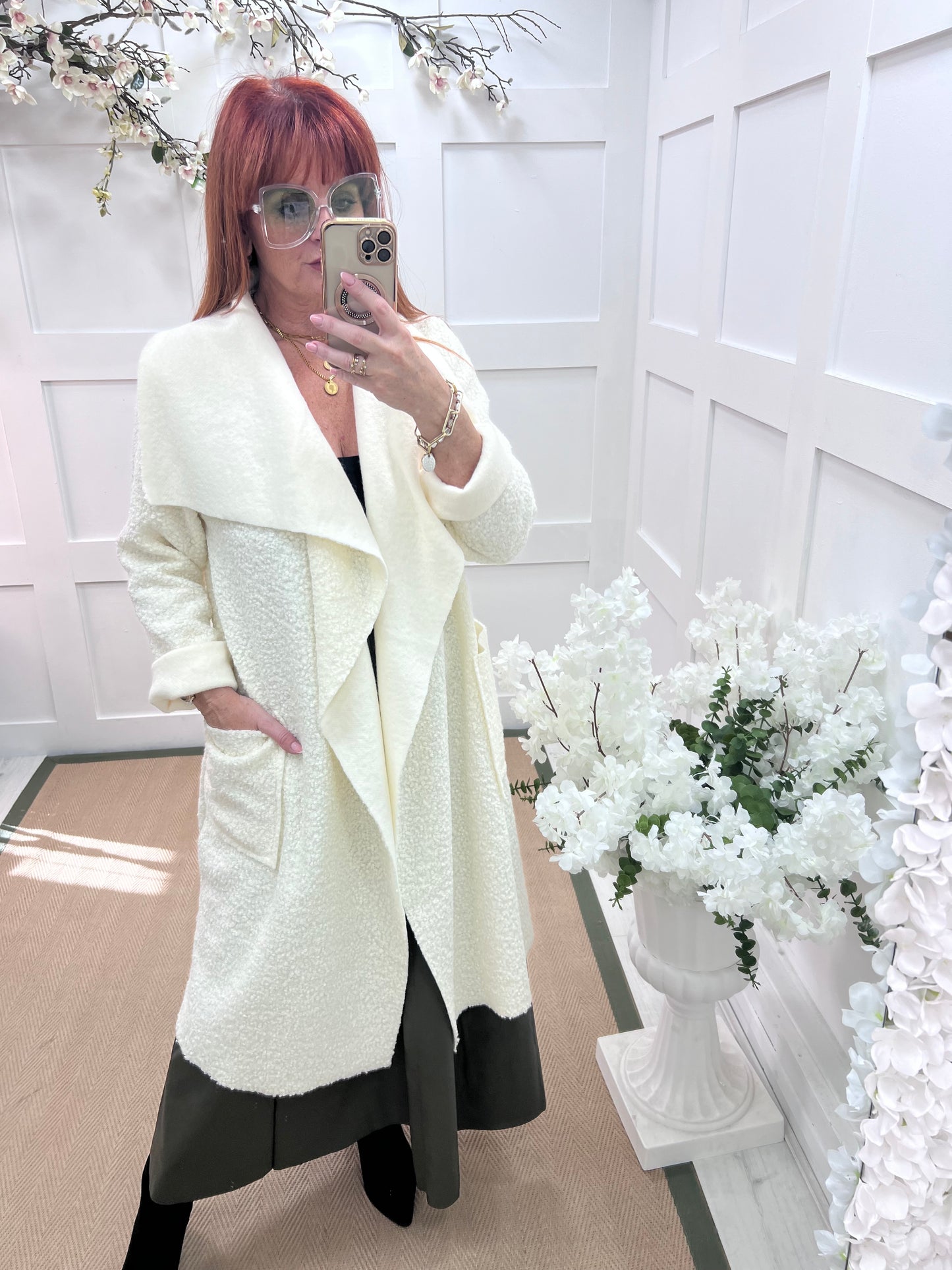 Kathie: Winter white boucle coat with pockets. One size 12-18