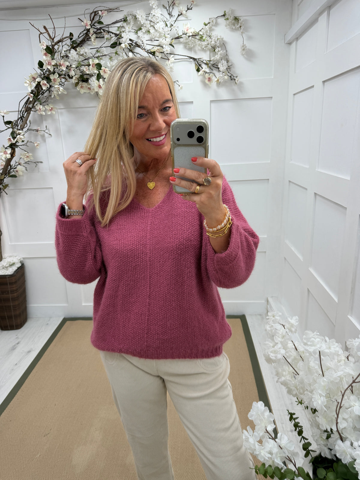 Mara: V neck long sleeve slouchy knit top. One size: 12-18. 4 colours