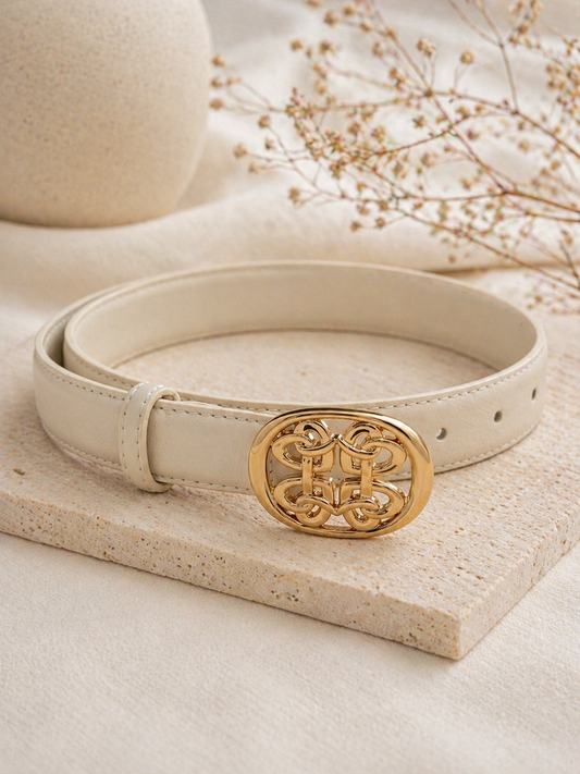 Loren: Cream gold round buckle belt. One size