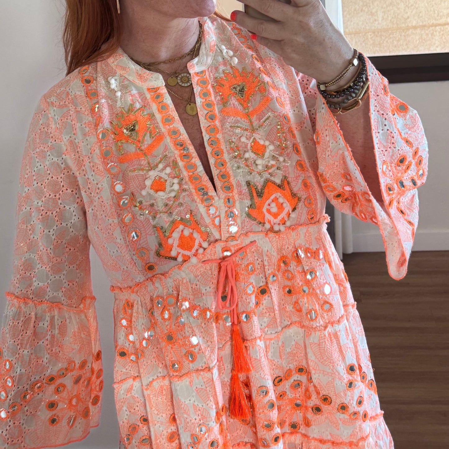 Skylar: Neon orange short embroidered sequin dress. One size: 12-18