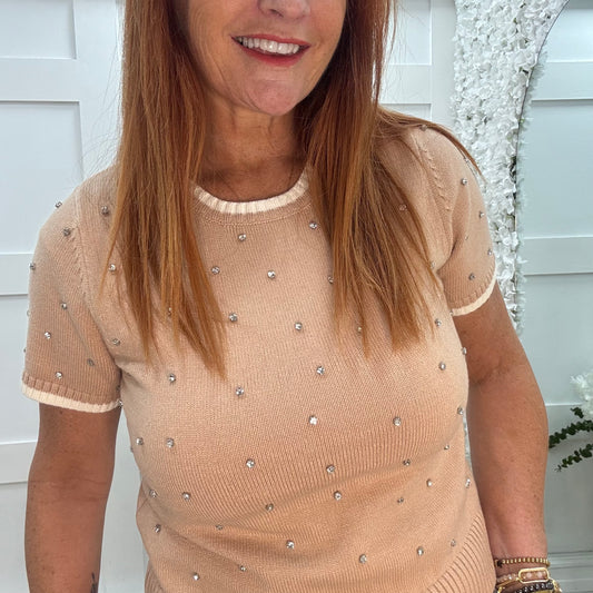 Noelle: Sand stretchy knit rhinestone top. 2 sizes