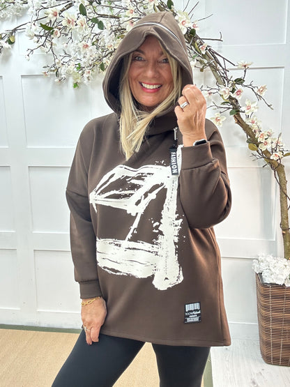 Harper: Brown oversized abstract hoodie. One size: 12-18/20