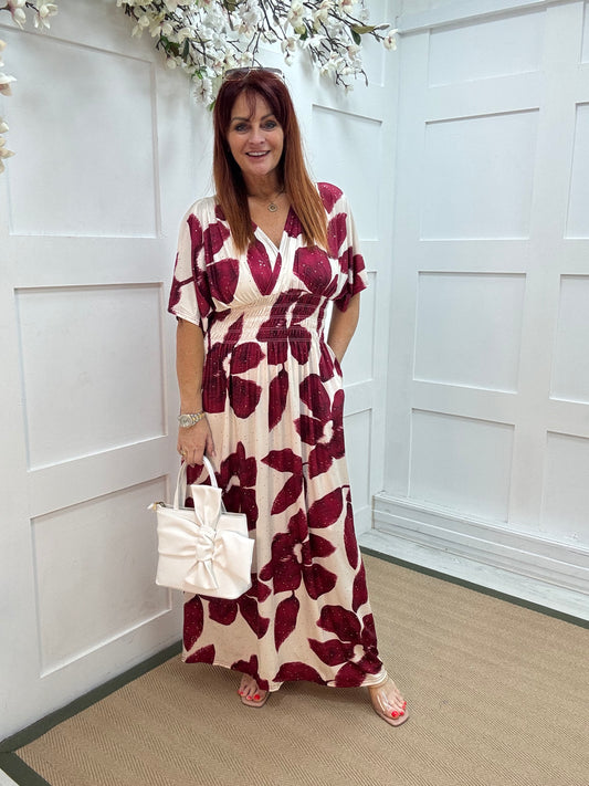 Eva: Stretchy wine & Ivory leaf maxi dress. One size 12-22