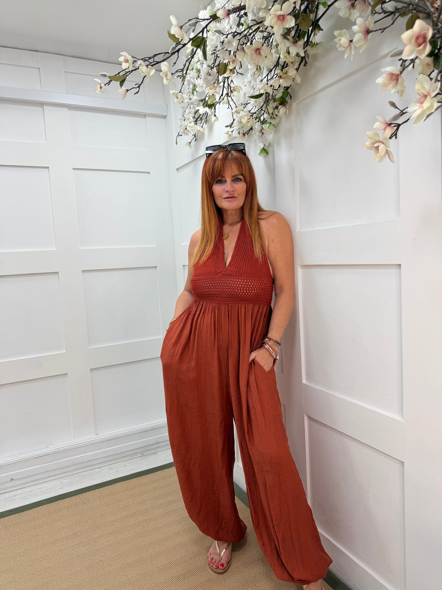 Candy: Crochet halter neck balloon leg jumpsuit. One size: 8-12. 4 colours