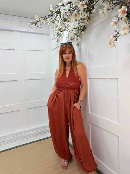 Candy: Crochet halter neck balloon leg jumpsuit. One size: 8-12. 4 colours
