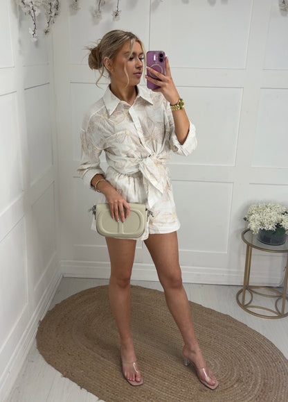 Pippa: White floral embroidered blouse & shorts set. One size: 10-14