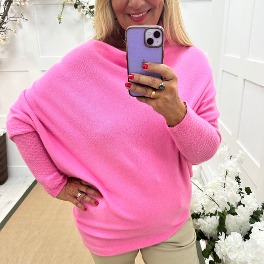 Erica: Pink asymmetrical slouch soft knit top. One size 10-18