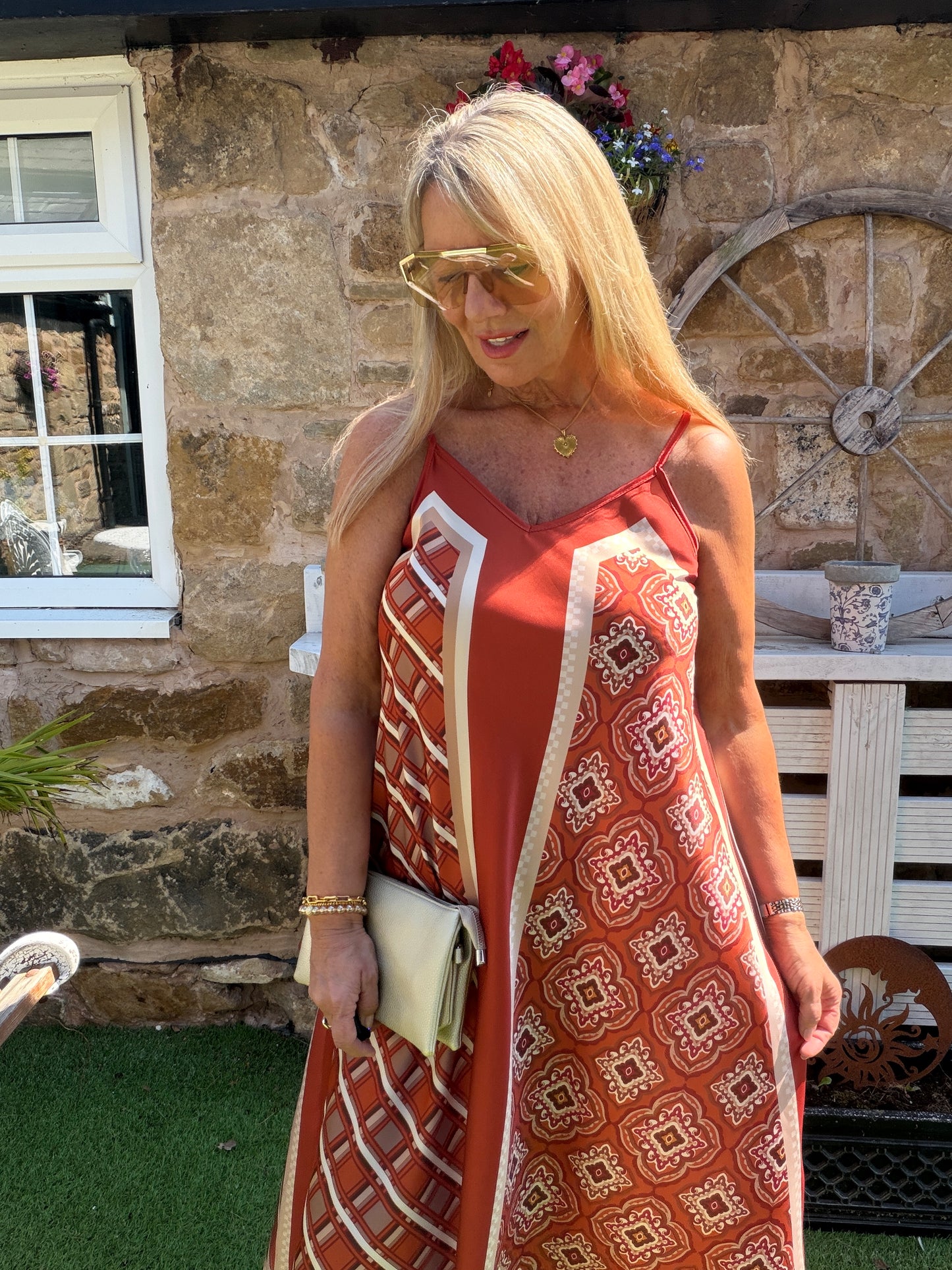 Scarlett: Silky geometric printed maxi dress. One size 10-16. 4 colours