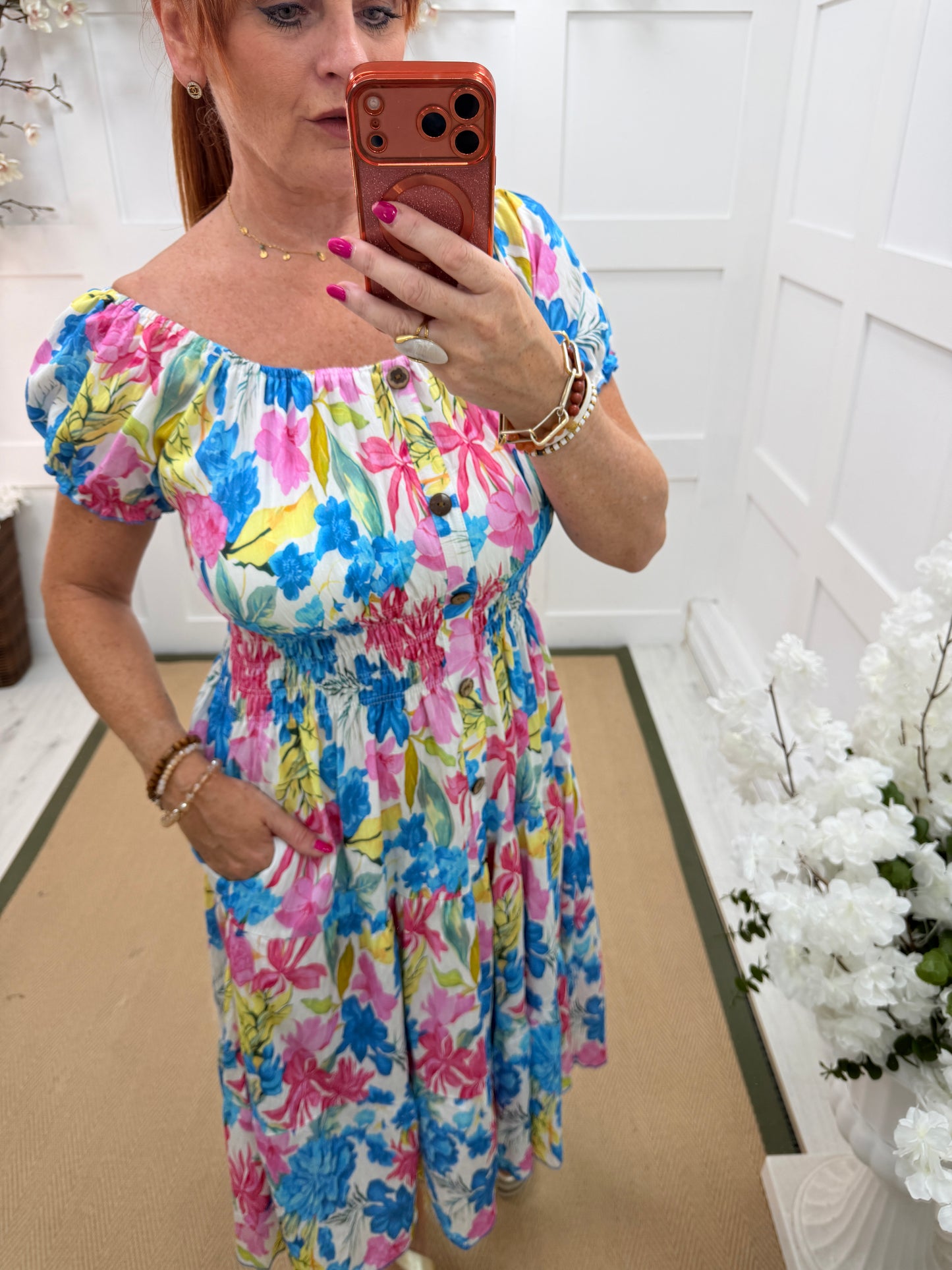 Florrie: Floral buttoned front bardot printed stretchy midi dress. One size: 10-18. 2 colours