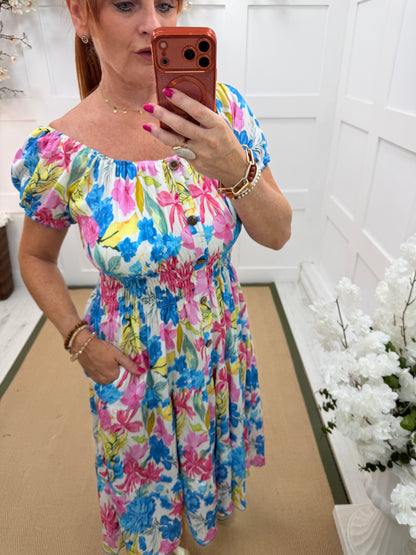 Florrie: Floral buttoned front bardot printed stretchy midi dress. One size: 10-18. 2 colours