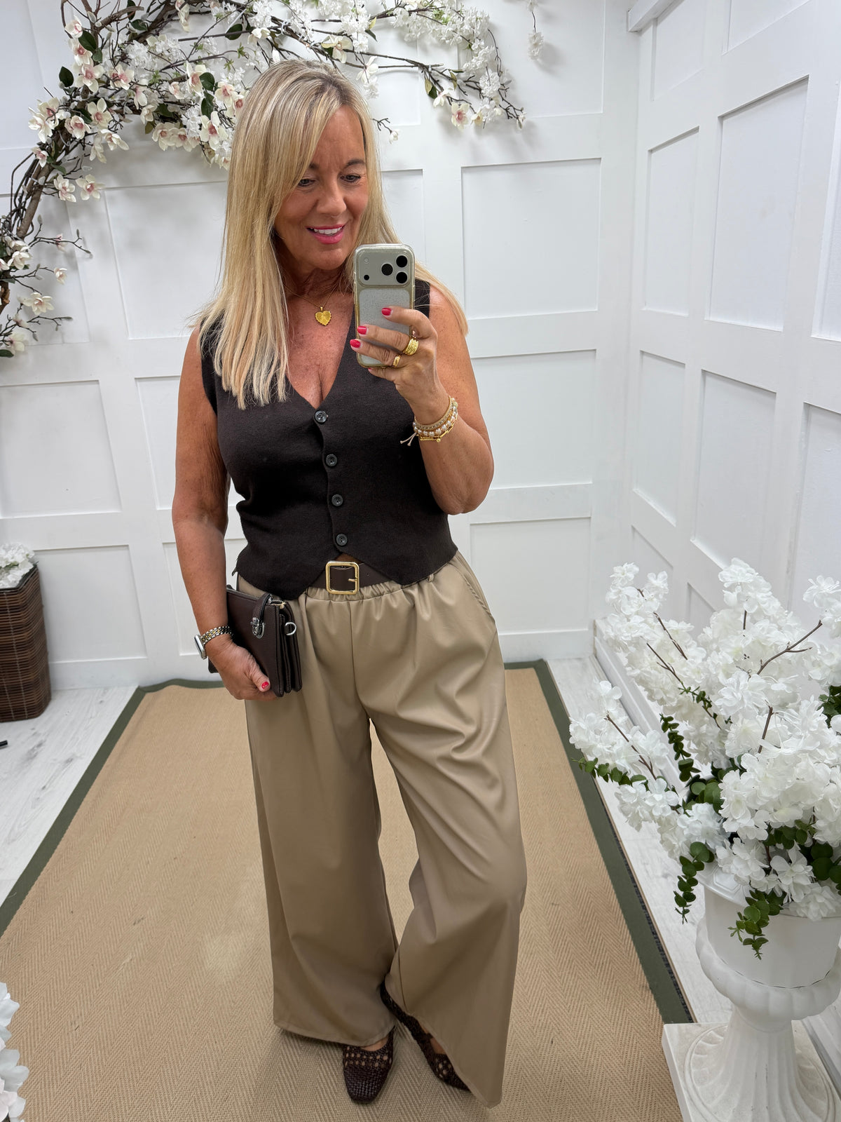 Nisha: Faux leather wide leg trousers. One size: 14-18. 3 colours