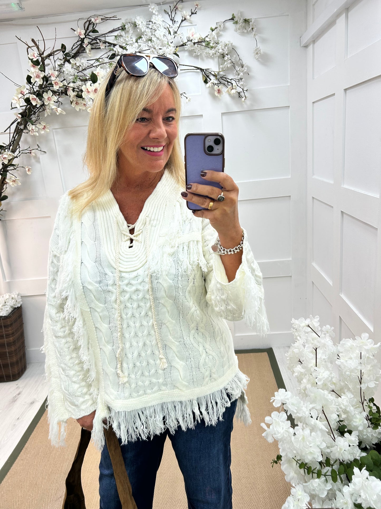 Azalea: Winter white boho knit jumper. One size: 14-20