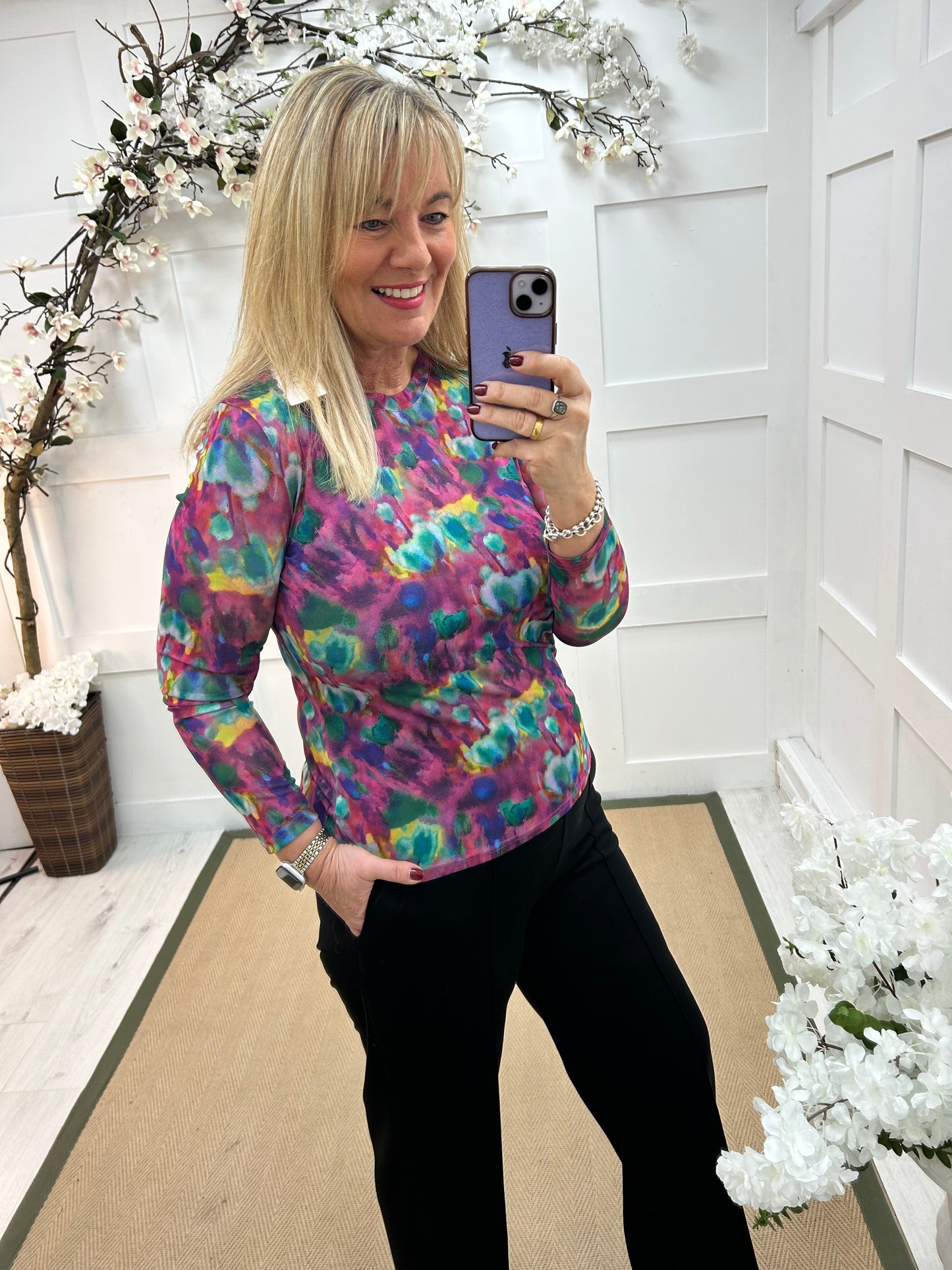 Kylie: Multicoloured sheer mesh top. 12-18