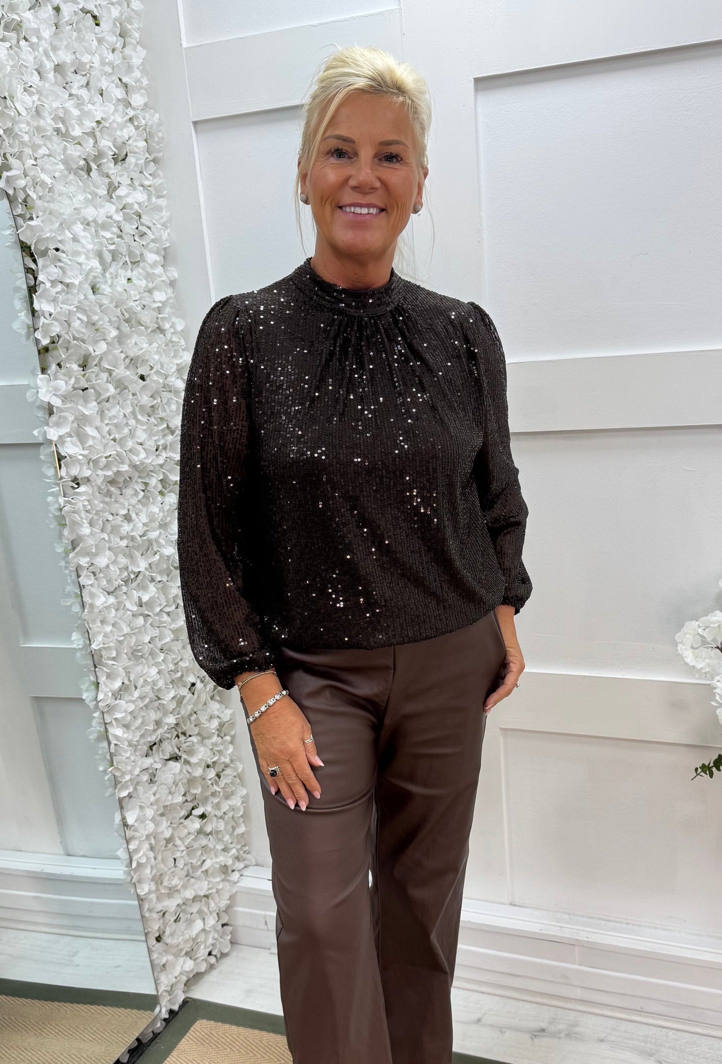 Mia: Brown high neck sequin top. One size: 10-16