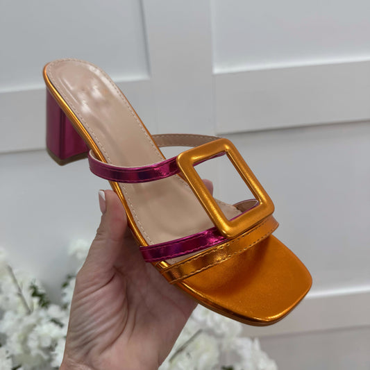 Rosa: Metallic pink & orange large buckle sandals. Sizes: 3-8
