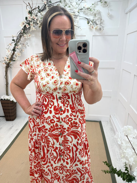 Poppy: Red V neck stretchy maxi dress. One size: 10-20