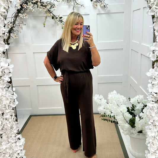 Jessica: Brown wide leg jumpsuit. One size: 14-18