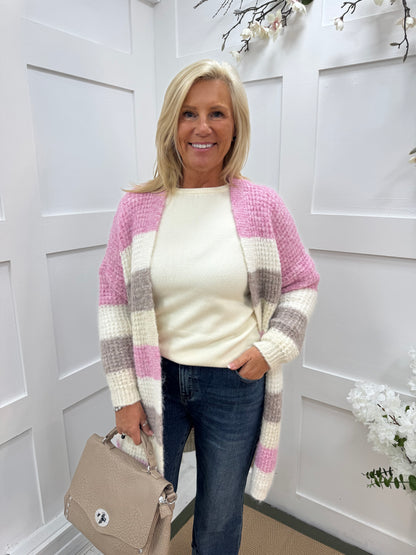 Marta: Pink, mocha and cream stripe soft knit cardigan. One size 10-18