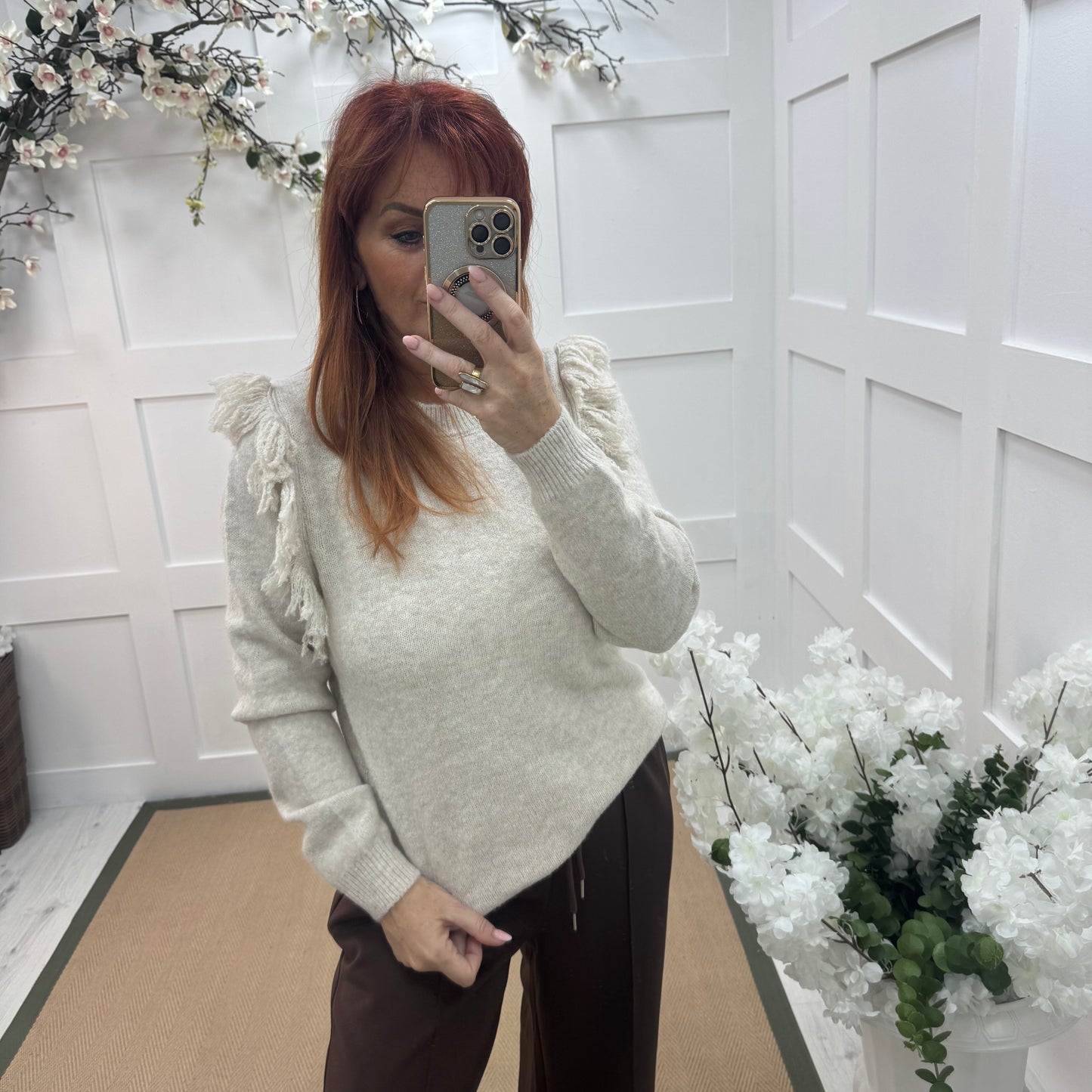 Carmel: Cream fringe knitted top. One size: 10-16
