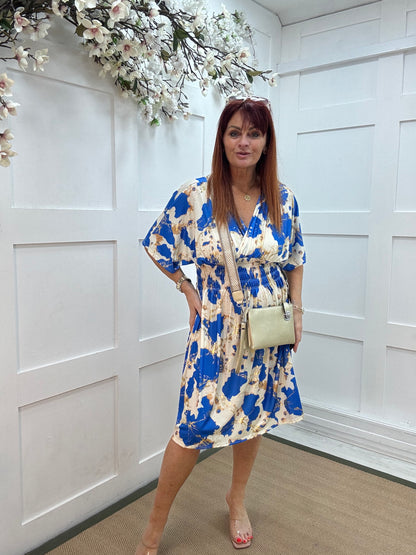 Dixi: Santorini blue & cream stretchy midi wrap dress. One size 12-22