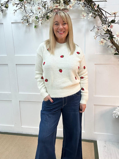 Suki: Cream strawberry embroidered knitted top. Two sizes.