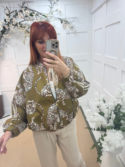 Macey: Olive green leopard printed bomber jacket. One size: 14-20
