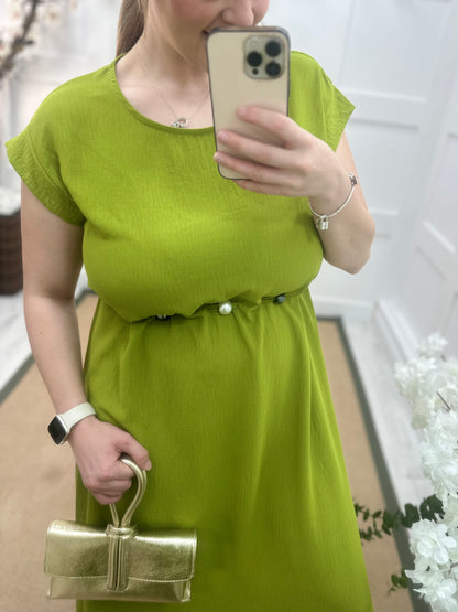 Delilah: Green beaded waist maxi dress. One size 12-20