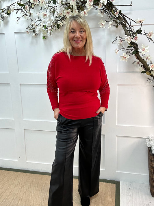 Arianne: Red sparkle cutout shoulder top. One size: 12-16