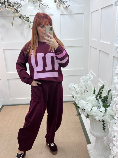 River: Burgundy cocoon harem trousers. One Sz: 14-20
